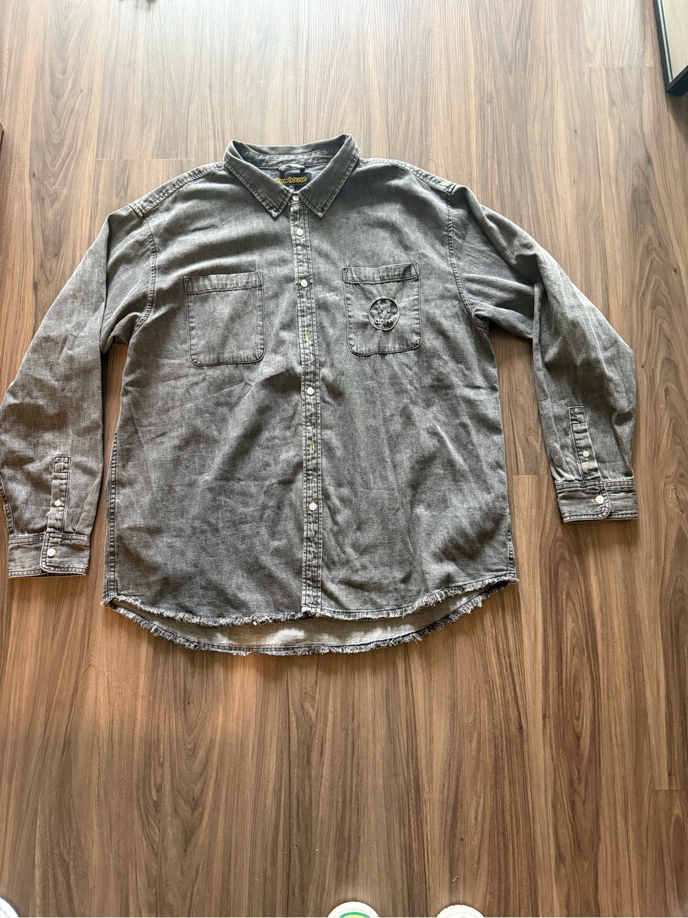 Drew House Grey Washed Button Up Shirt Men’s XL Raw Hem 100% Cotton